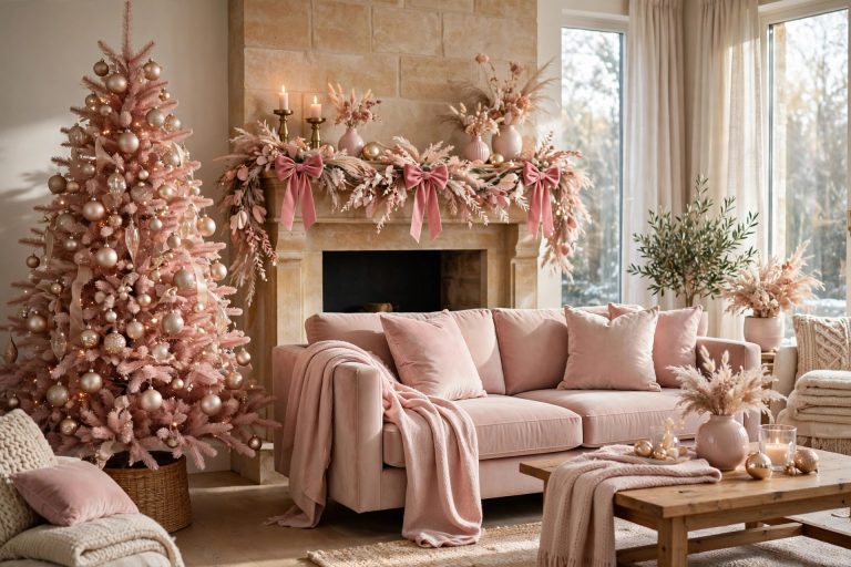 Pink Christmas decor ideas — blush living room with pink Christmas tree, blush sofa styling and mantel garland