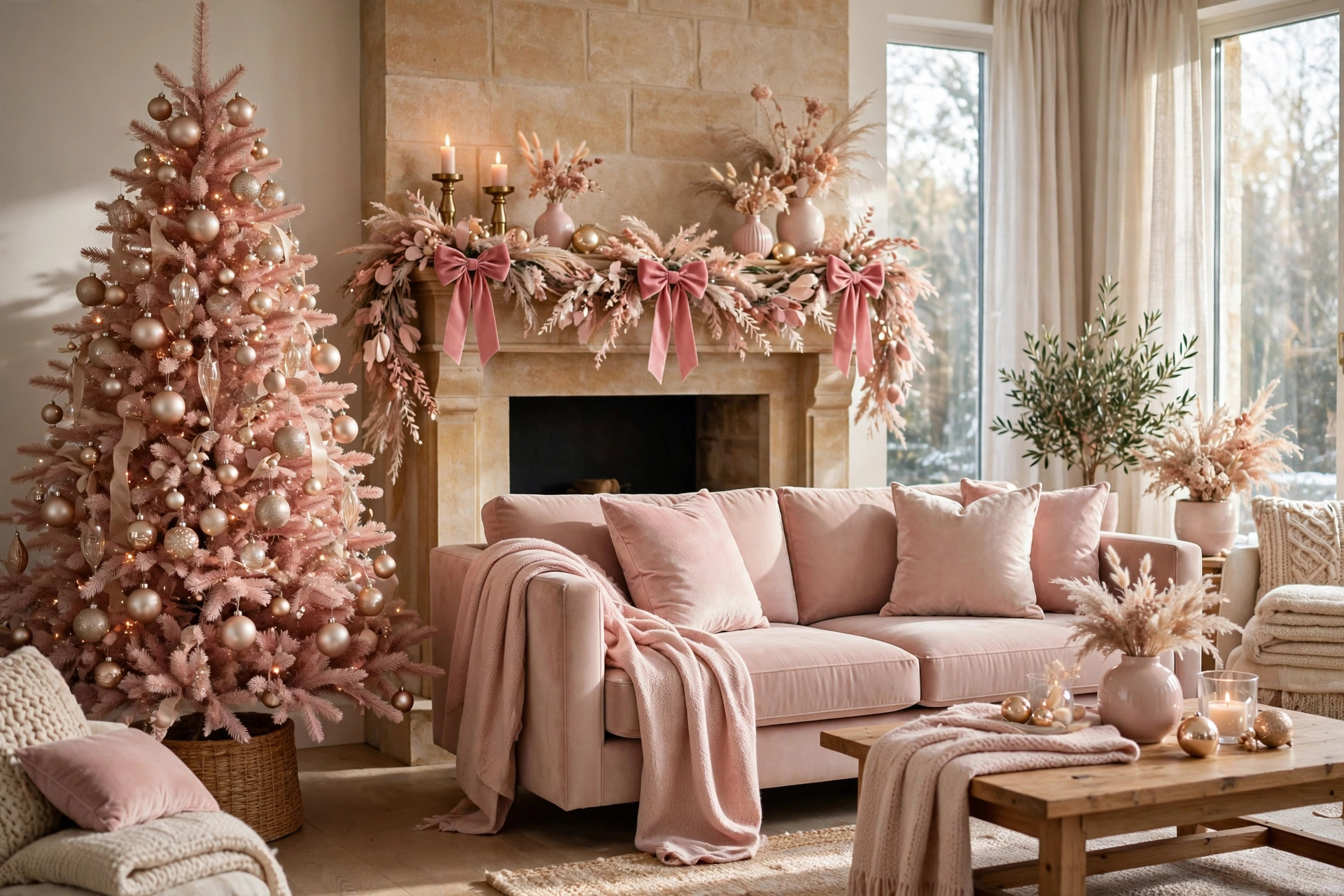 Pink Christmas decor ideas — blush living room with pink Christmas tree, blush sofa styling and mantel garland
