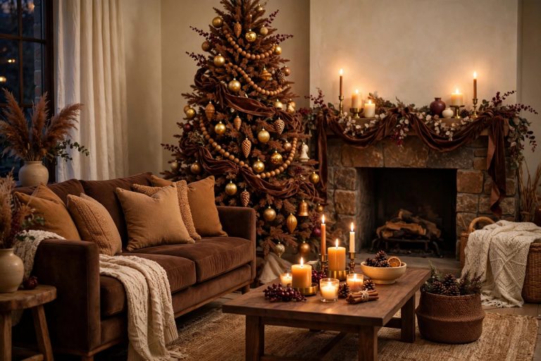 Hot cocoa Christmas decor — cozy living room with a chocolate brown Christmas tree, warm candlelight and cocoa-toned styling