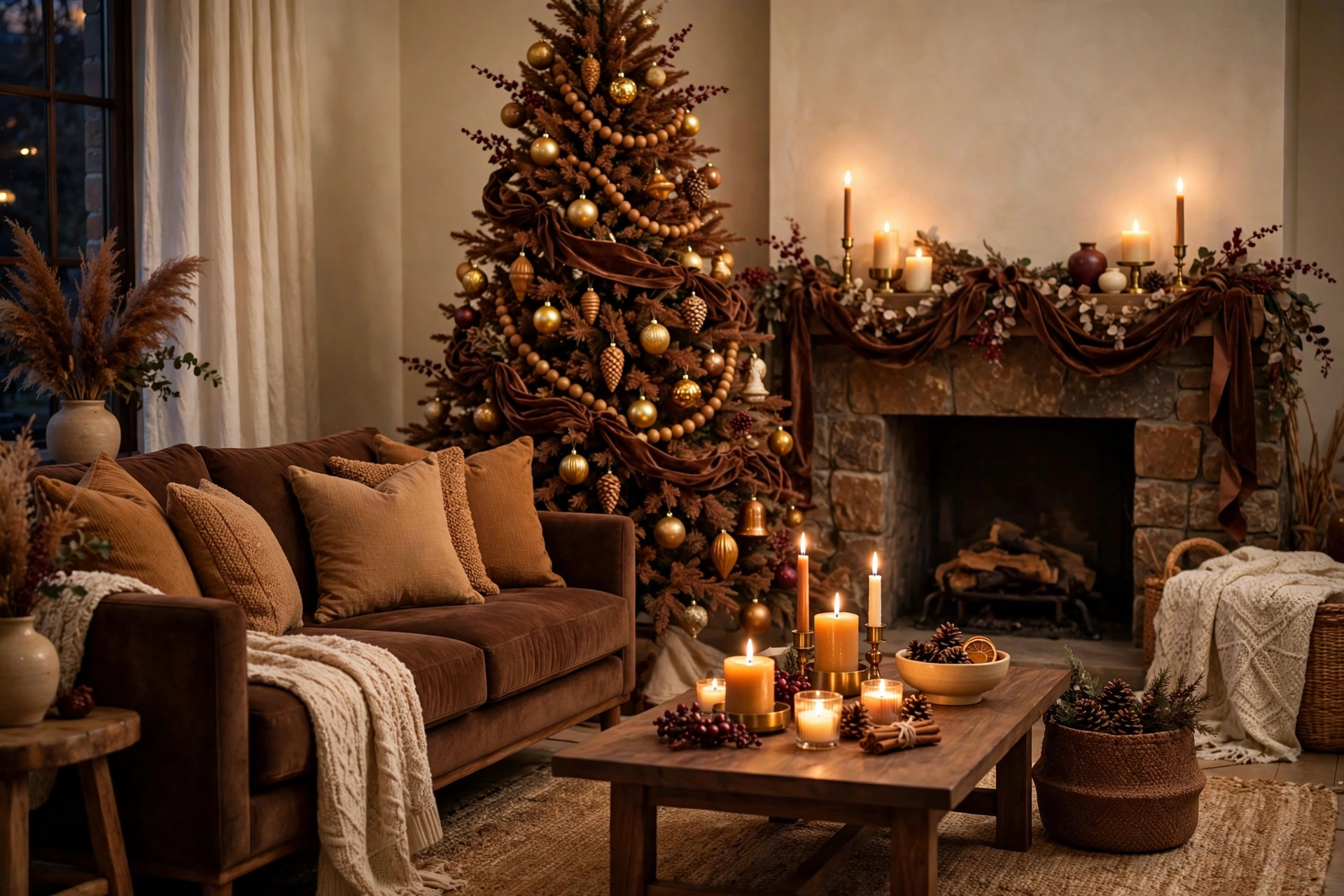 Hot cocoa Christmas decor — cozy living room with a chocolate brown Christmas tree, warm candlelight and cocoa-toned styling