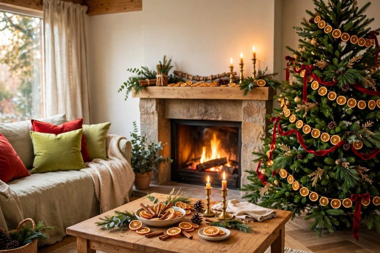 Citrus Christmas decor — green Christmas tree with dried-orange garlands and red velvet ribbon in a fireplace-lit living room