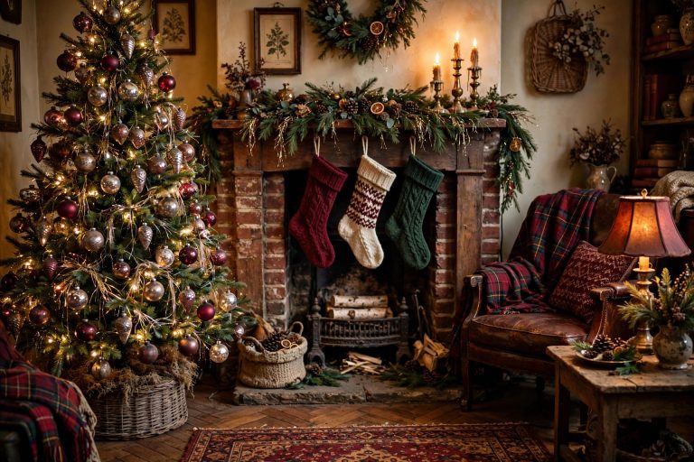 Nostalgic Christmas decor — living room with vintage-ornament tree, knit stockings by the fireplace and plaid throw