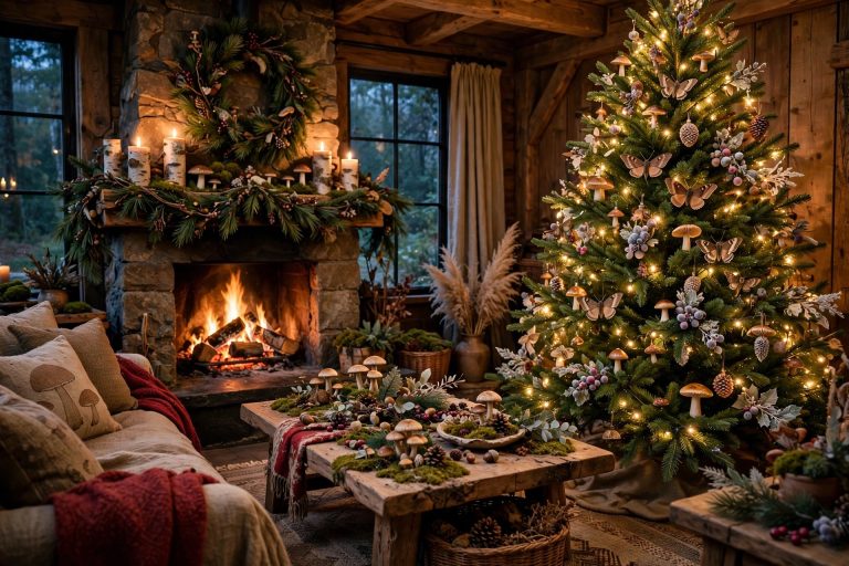 Woodland Christmas decor — living room with enchanted forest tree, mossy garland and berry-red accents