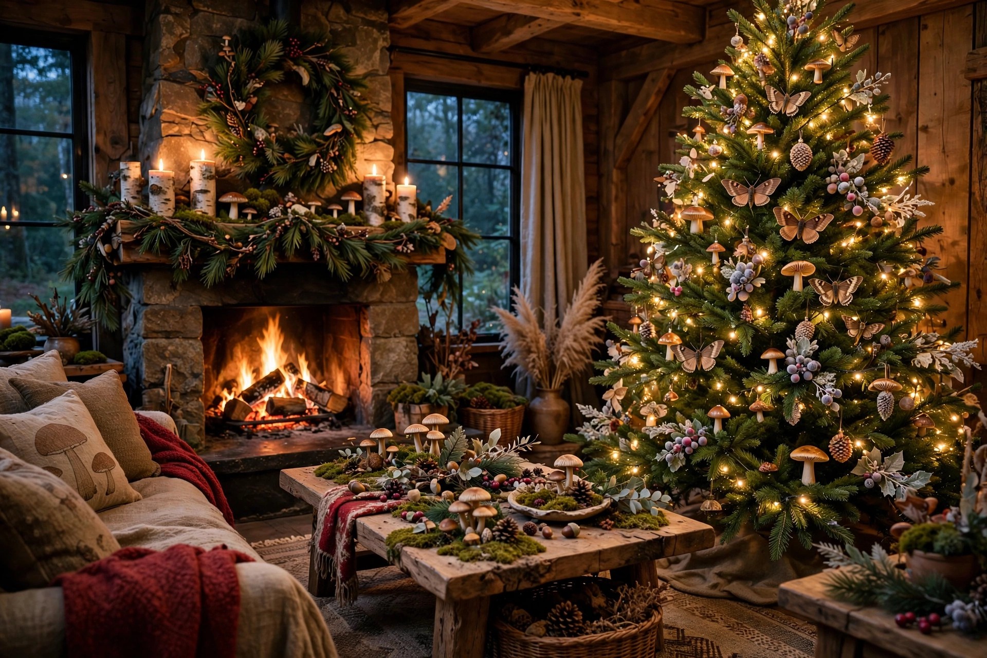 Woodland Christmas decor — living room with enchanted forest tree, mossy garland and berry-red accents