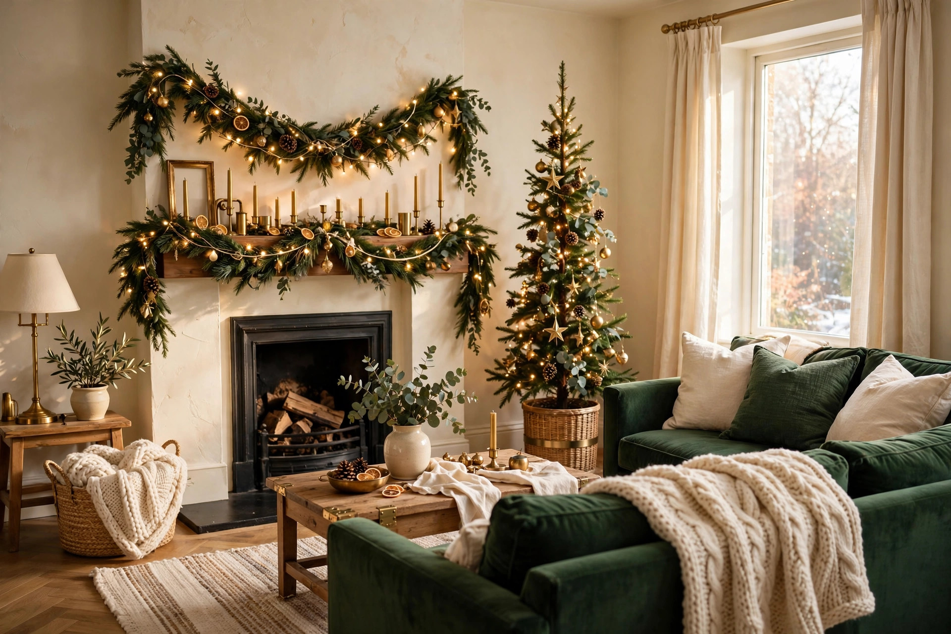 christmas living room decor ideas: garland-draped fireplace mantel, gold Christmas tree, green velvet sofa