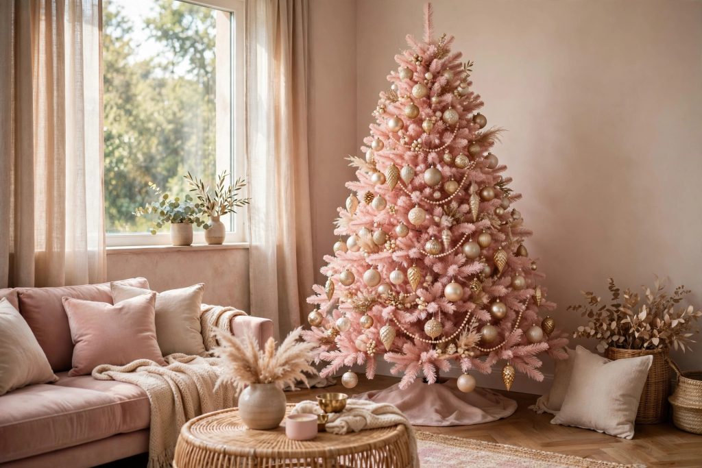 Pink Christmas decor ideas for the tree — full blush pink statement tree with champagne ornaments in a living room corner