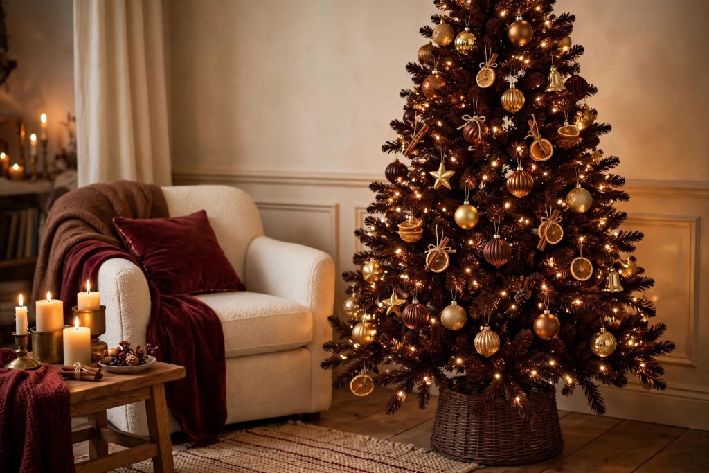 Chocolate brown Christmas tree with caramel and gold ornaments in a candlelit living room — hot cocoa Christmas decor