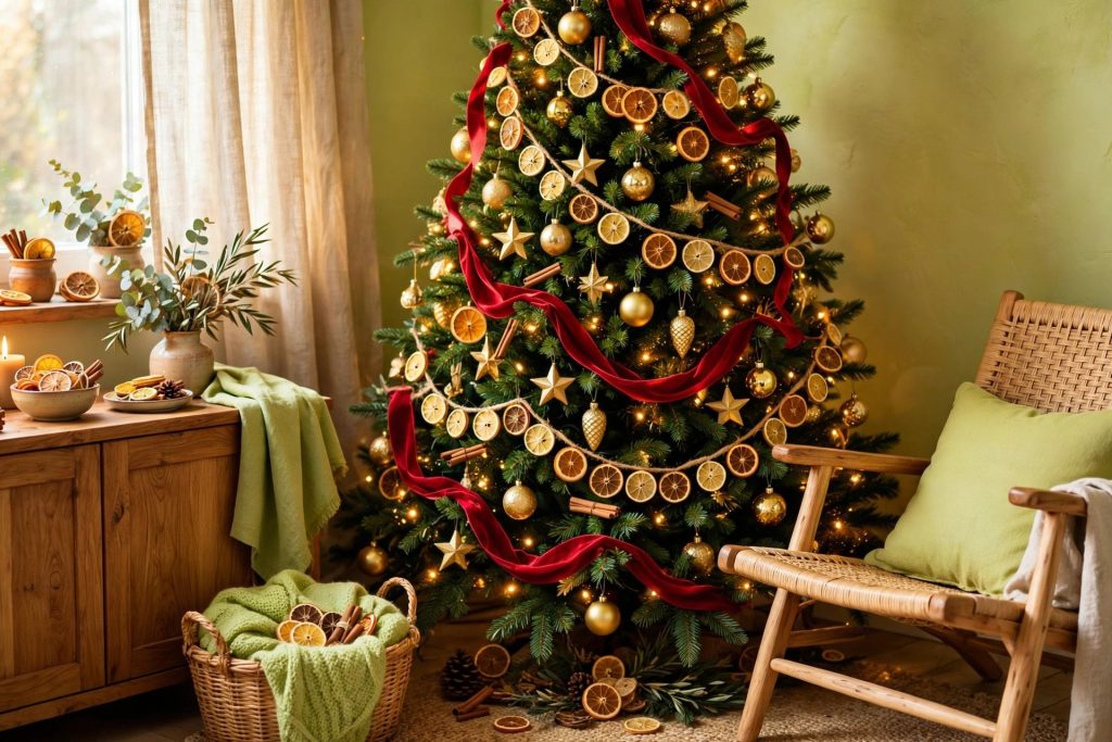 Citrus Christmas decor tree — green Christmas tree dressed in dried orange slice garlands, red velvet ribbon and gold ornaments