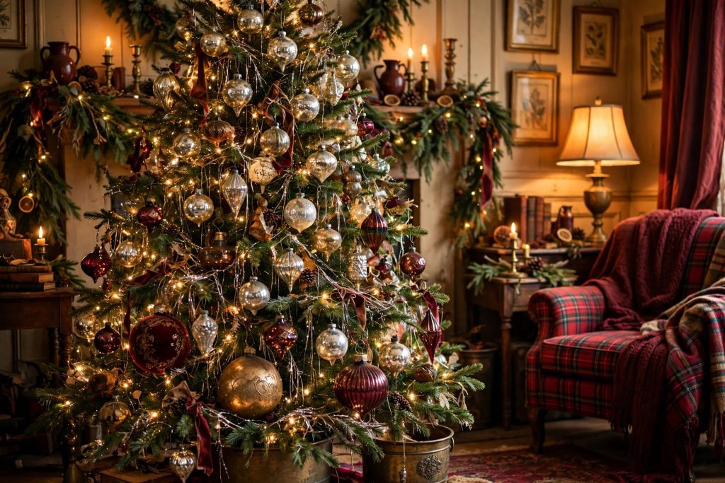 Nostalgic Christmas decor tree — Christmas tree with vintage glass baubles, mercury glass ornaments and fine tinsel