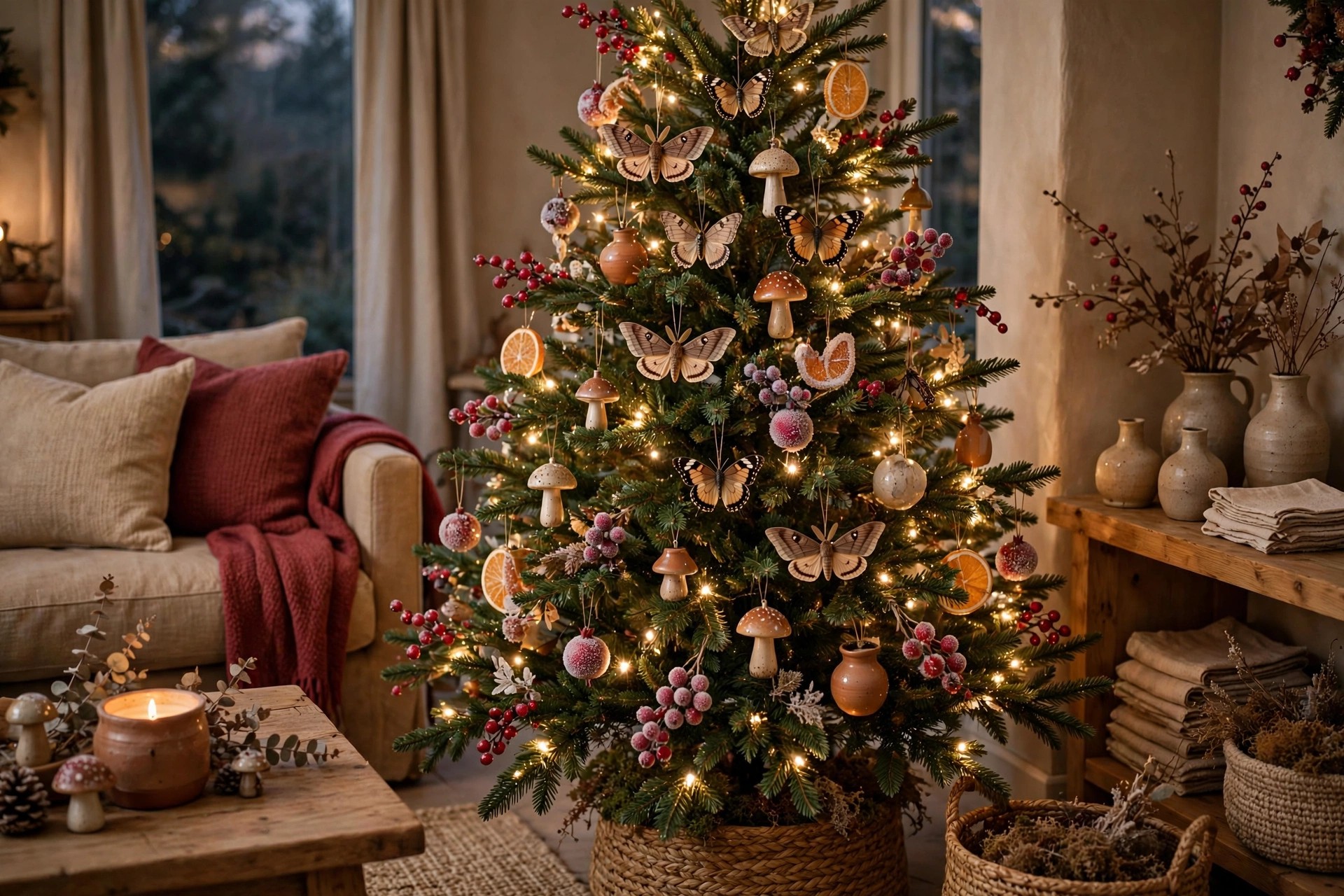 Woodland Christmas decor tree — green tree with moth and butterfly ornaments, fungi decorations and frosted fruit