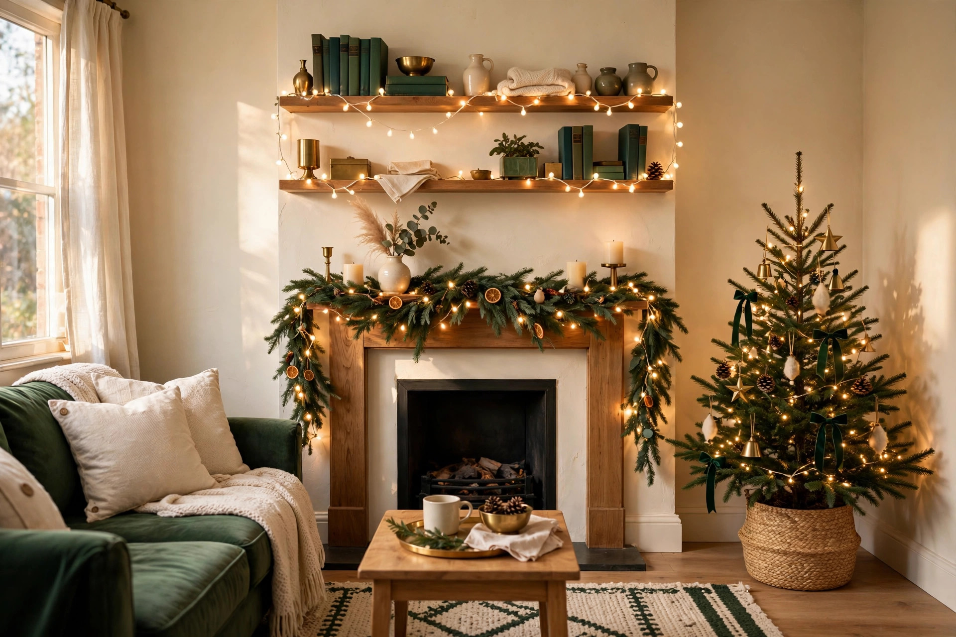 Warm-white Christmas string lights layered along a mantel, tree and shelves in a cosy living room