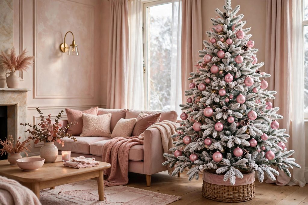 Snow-dusted white flocked Christmas tree dressed in pink baubles and blush ornaments