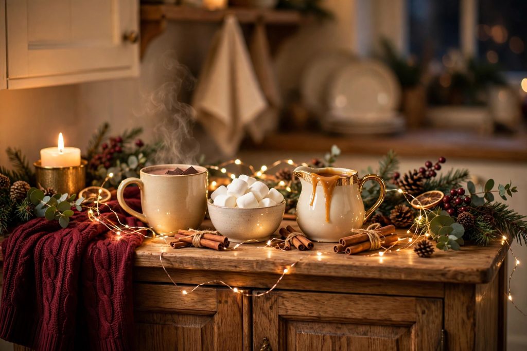 Hot cocoa Christmas decor bar — sideboard with cocoa mugs, marshmallows, caramel drizzle and warm fairy lights
