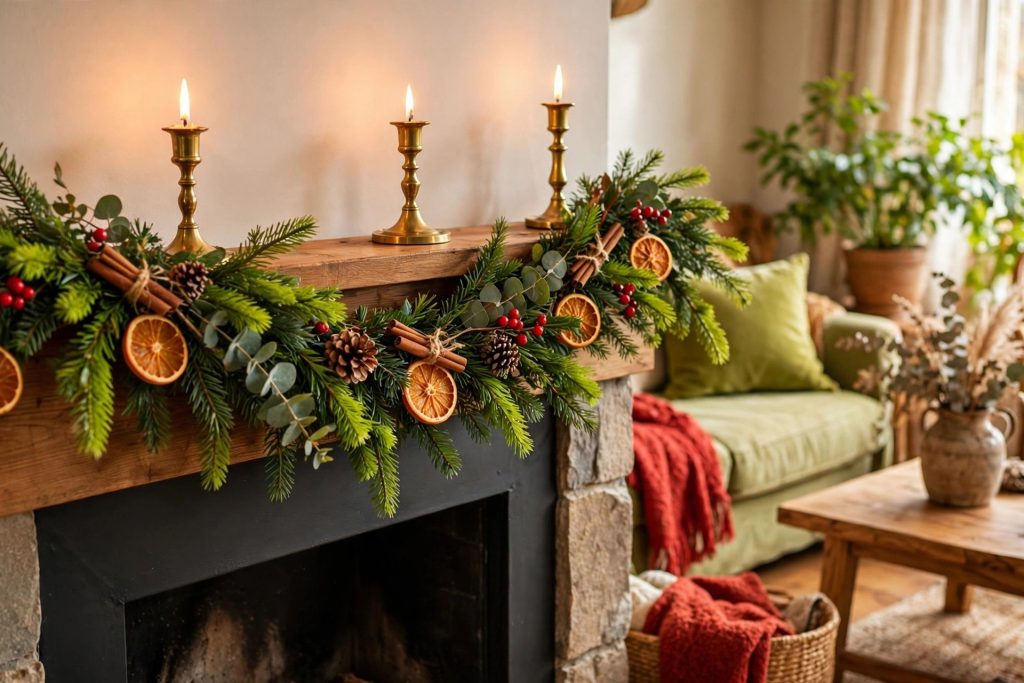 Evergreen mantel garland strung with dried orange slices, cinnamon sticks and brass candlesticks