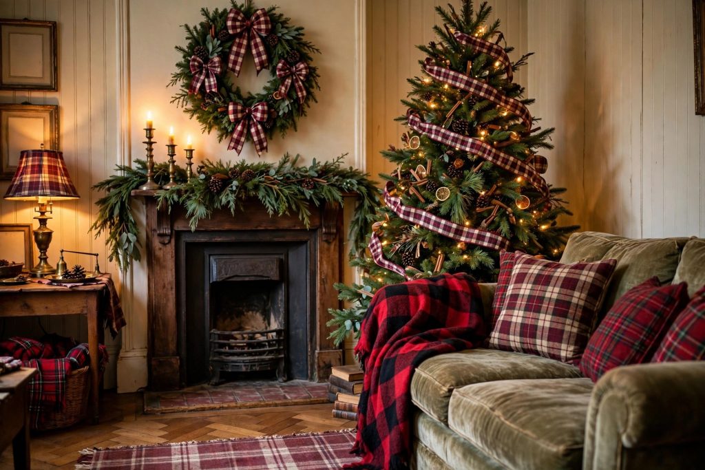 Tartan plaid ribbon woven through a Christmas tree with buffalo-check throw on the sofa