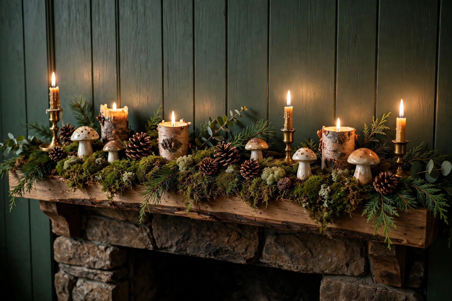 Christmas mantel with moss runner, ceramic mushrooms, pinecones and bark candles