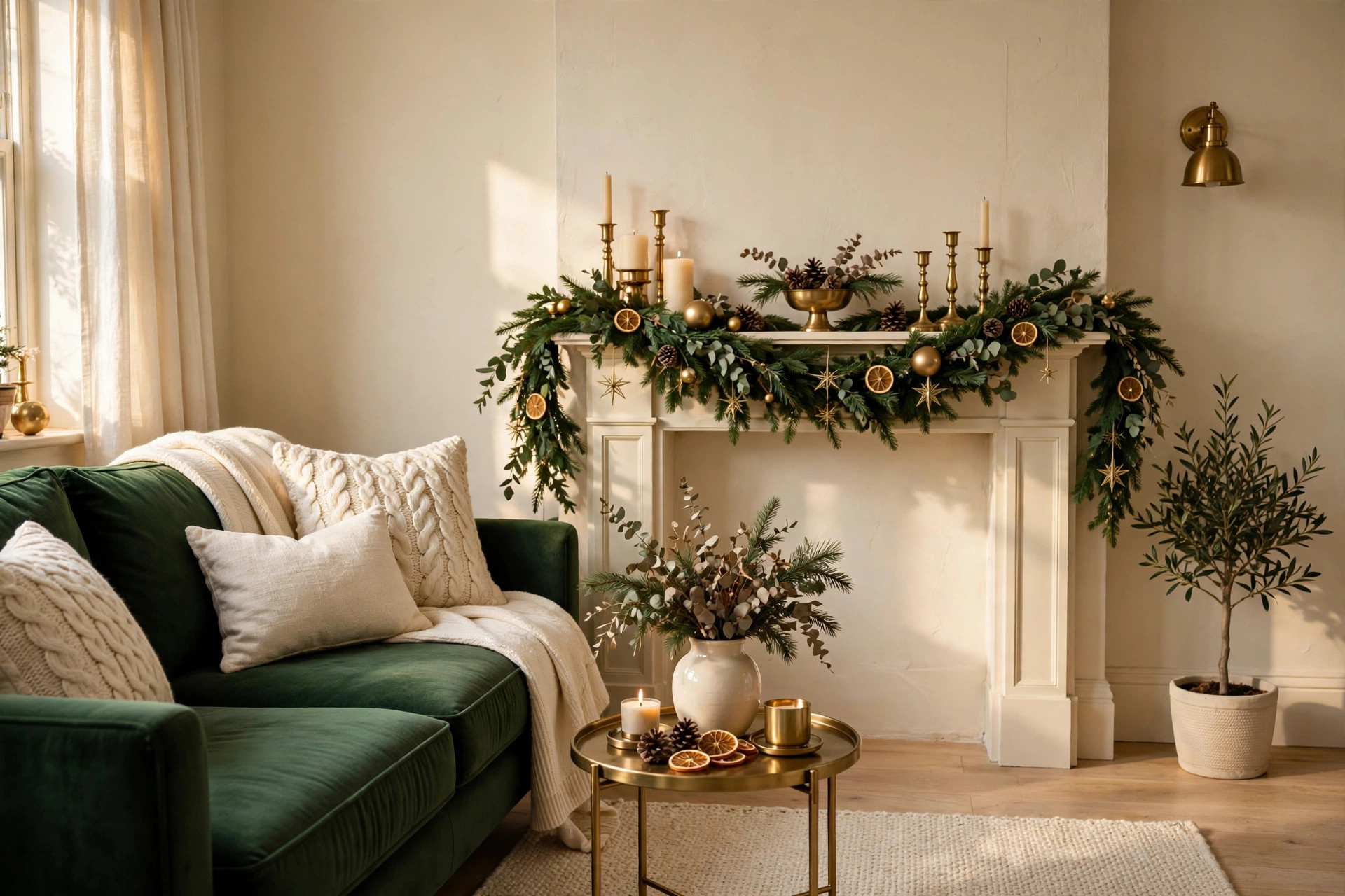 Christmas living room decor ideas in a deep green, cream and brass colour story