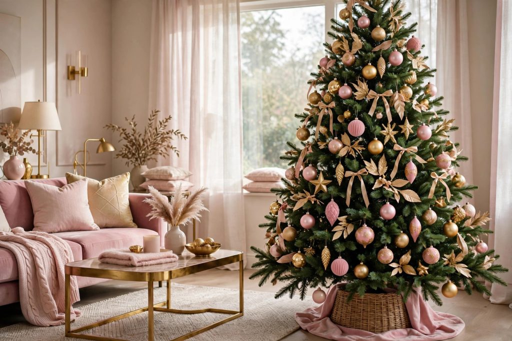 Classic green Christmas tree decorated with pink and gold ornaments