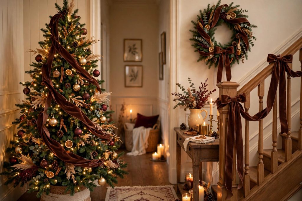 Wide chocolate velvet ribbon cascading down a Christmas tree and tied on a banister