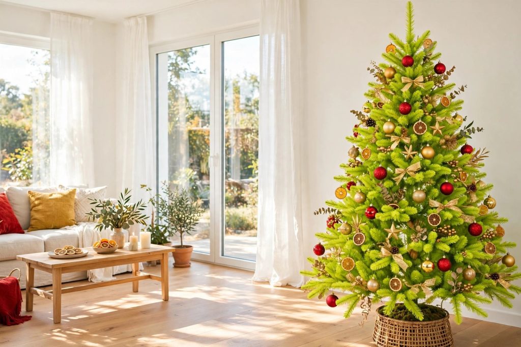 Lime-green Christmas tree with red and gold ornaments in a bright living room