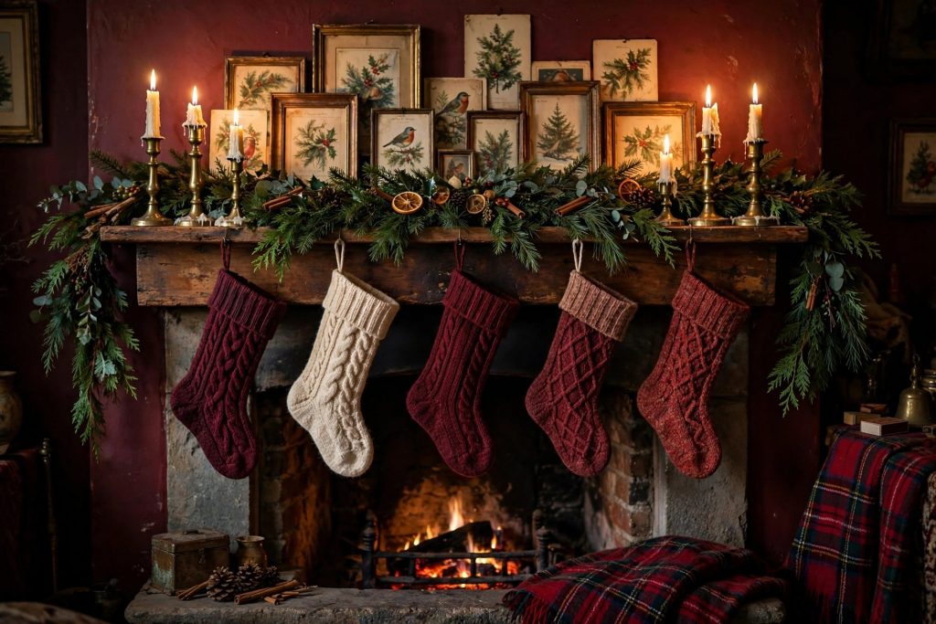 Christmas mantel with evergreen garland, brass candlesticks, knit stockings and vintage Christmas cards
