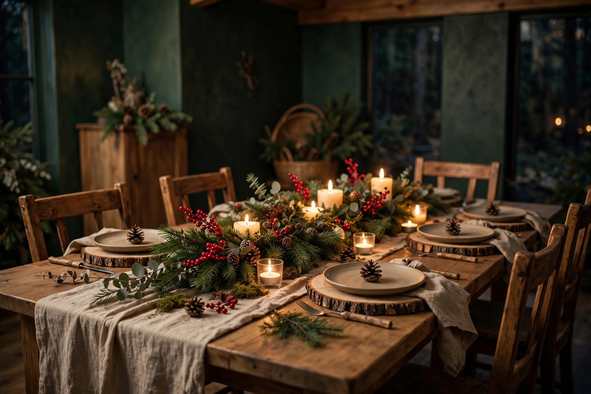 Woodland Christmas decor tablescape — bark chargers, linen napkins, pinecone place cards and berry sprigs