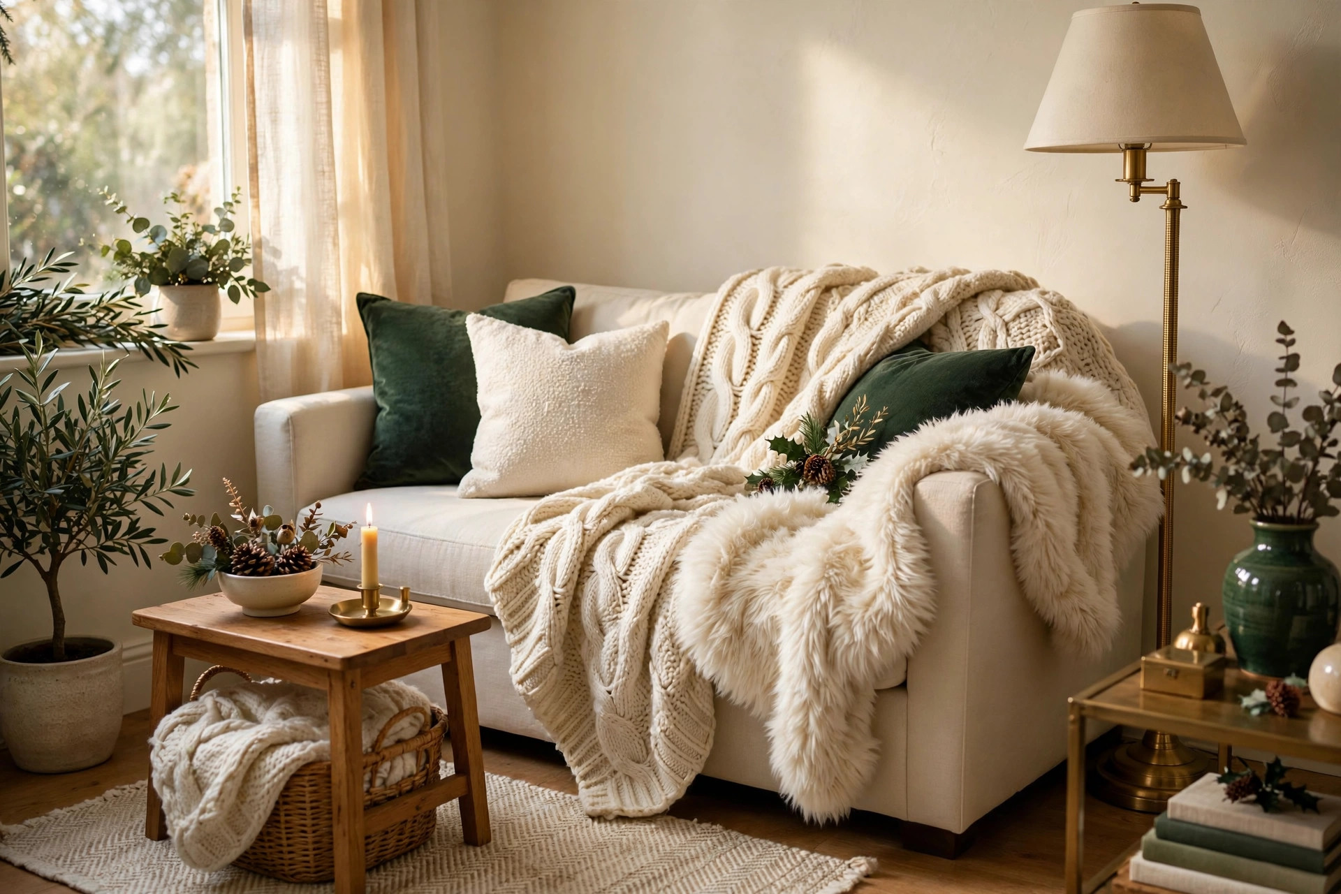 Chunky knit and faux-fur throws in cream holiday neutrals draped over a living room sofa