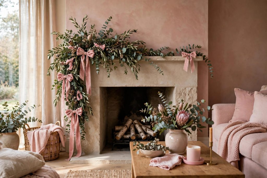 Blush mantel garland with pink velvet bows and eucalyptus greenery