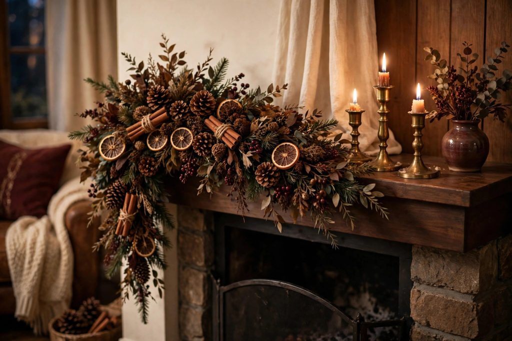 Cocoa-toned mantel garland with pinecones, cinnamon sticks and brass candles