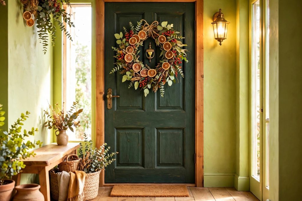 Front-door wreath of dried orange slices, eucalyptus and red berries