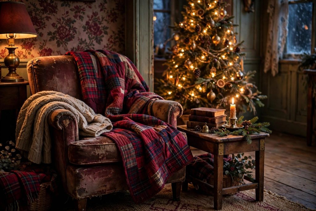 Cozy reading corner with patchwork quilt draped over an armchair beside the Christmas tree