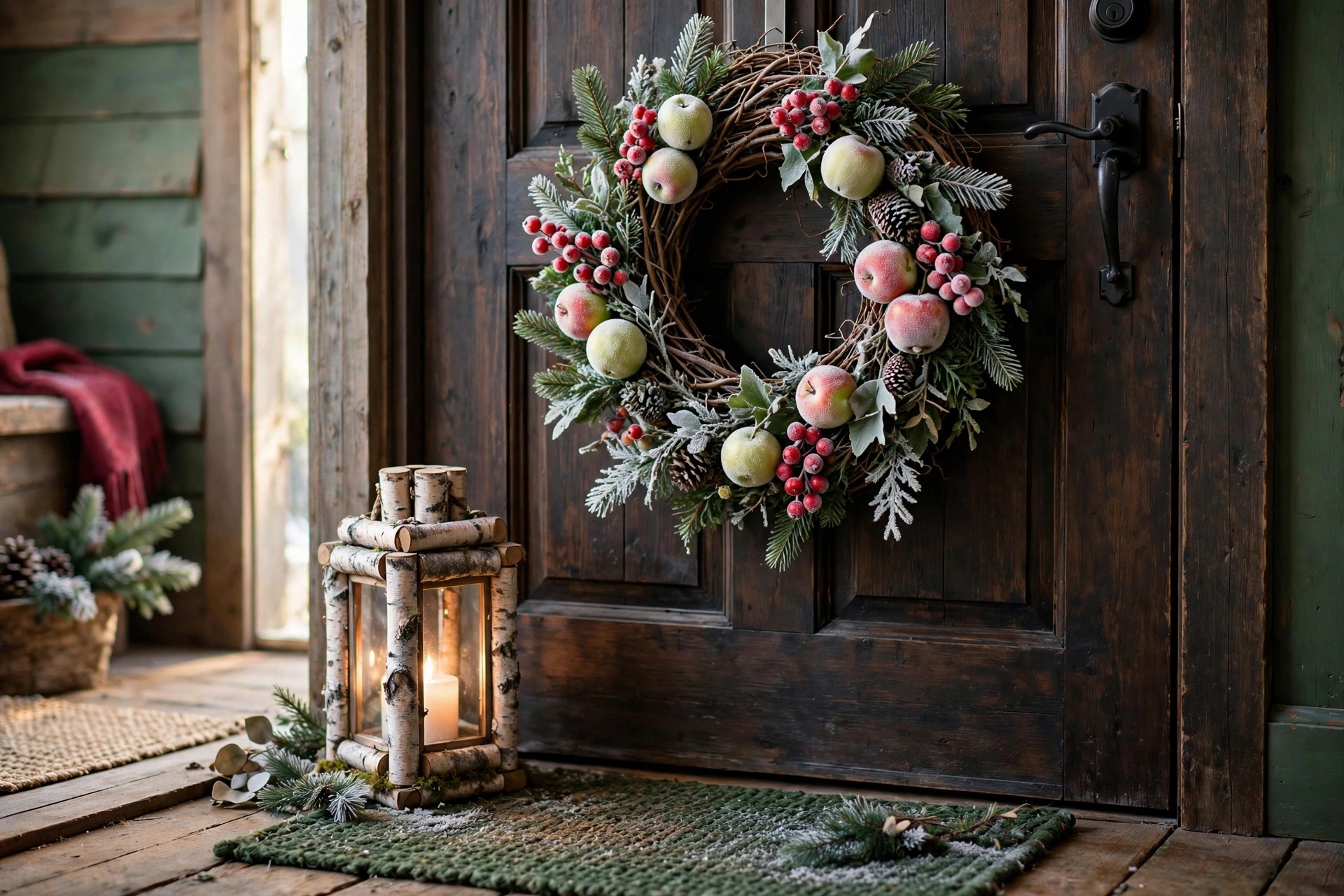 Front-door wreath with frosted apples, red berries and evergreen sprigs