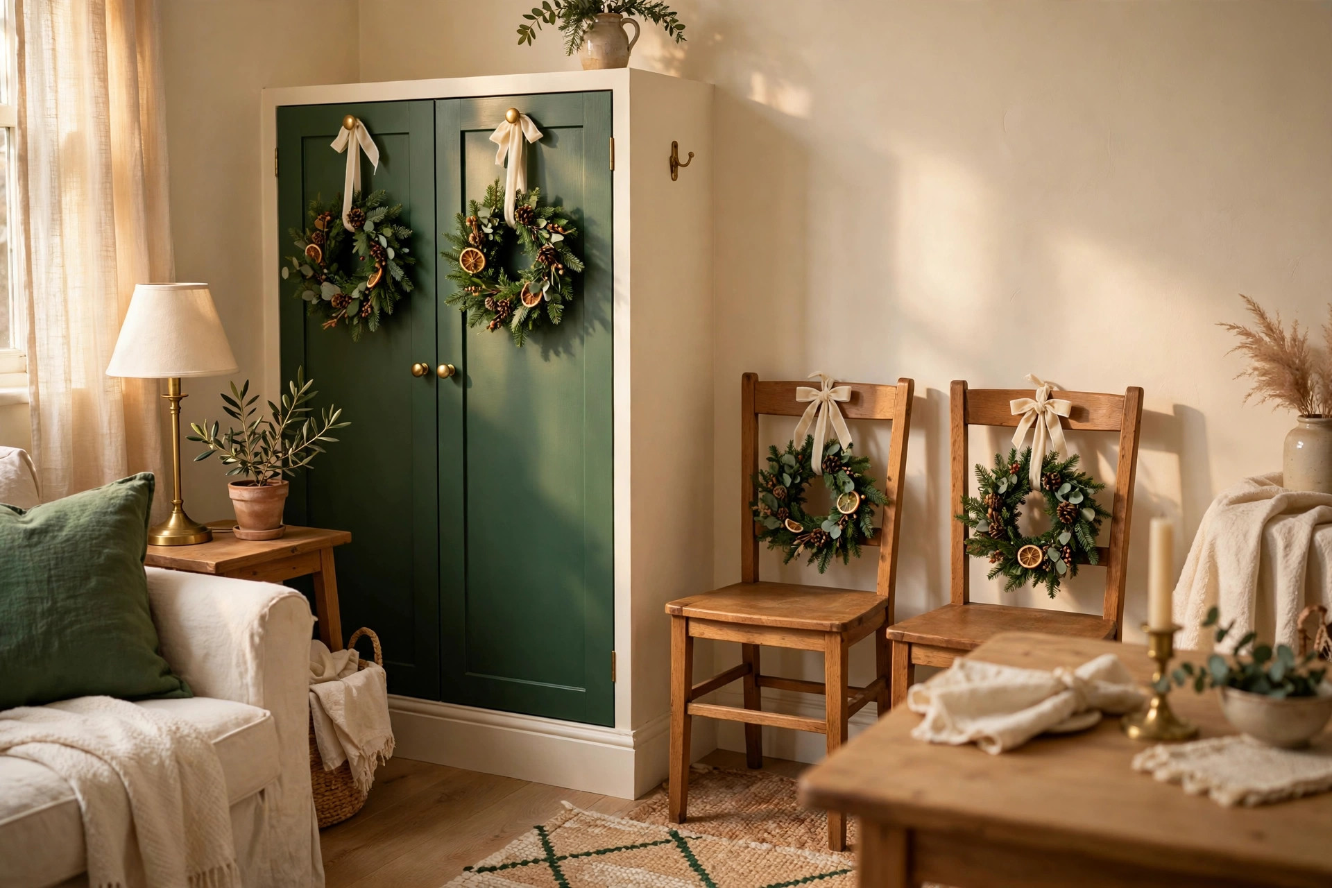 Mini Christmas wreaths hung on cabinet doors and chair backs with ribbon in a living room