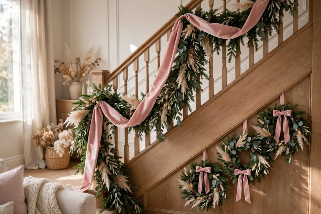 Wide pink velvet ribbon cascading down a Christmas tree and tied on a banister