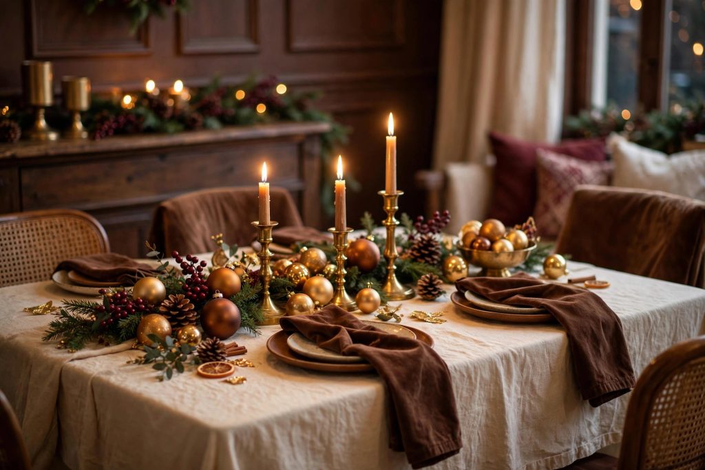 Hot cocoa Christmas decor for the table — caramel and gold tablescape with brown velvet napkins and brass candlesticks