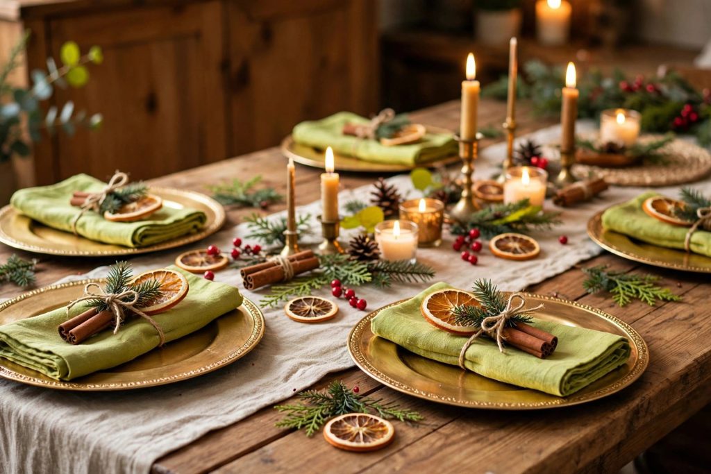 Citrus Christmas decor tablescape — linen runner, gold chargers, dried-citrus place cards and cinnamon bundles