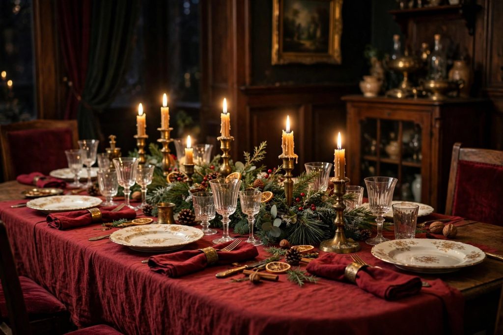 Nostalgic Christmas decor tablescape — burgundy linens, brass candlesticks and vintage china on the dining table