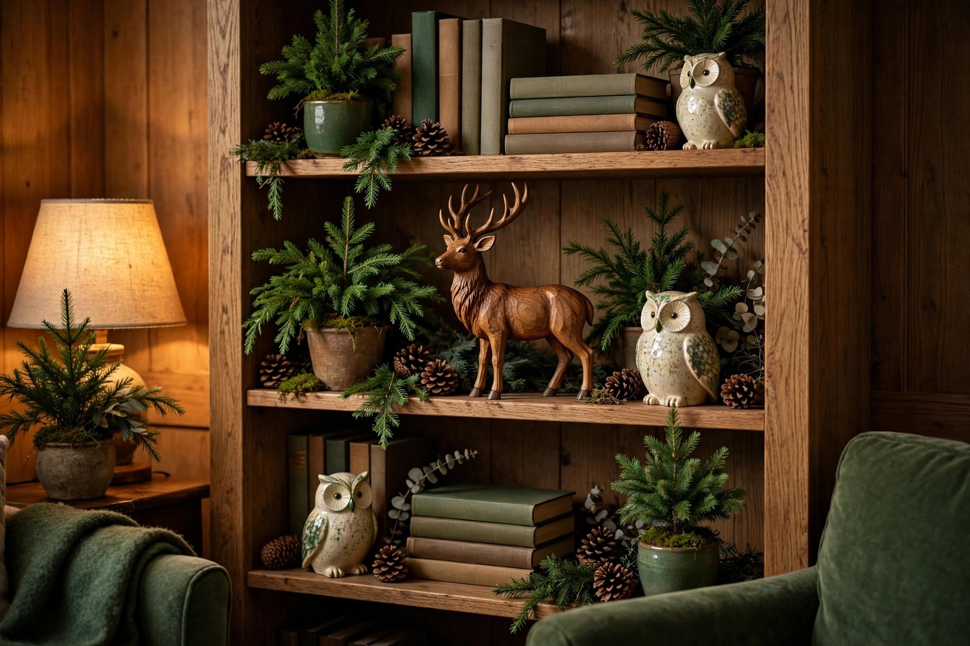 Woodland Christmas decor shelf — wooden stag and owl figurines styled with greenery and fairy lights