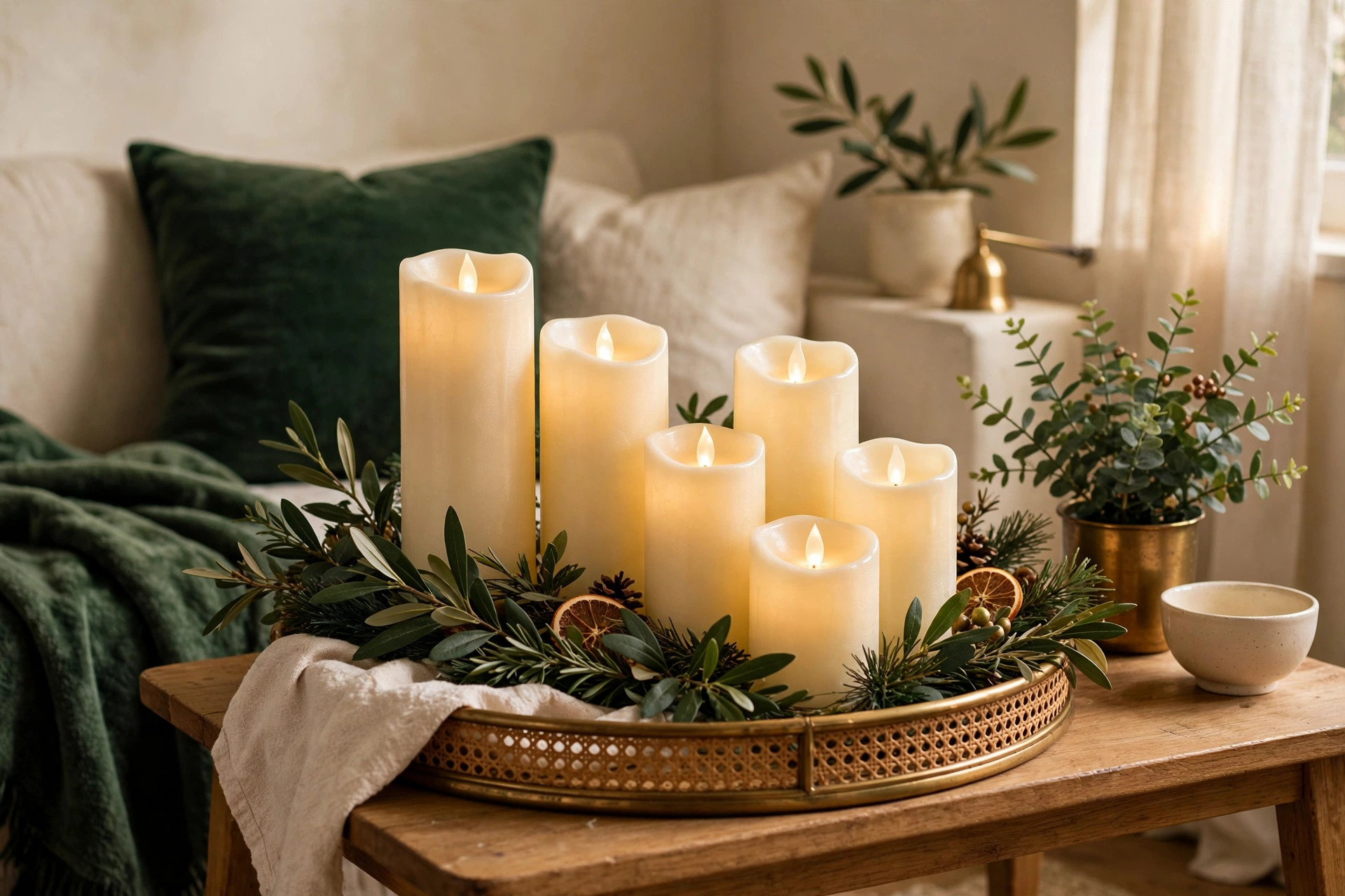 Cluster of LED Christmas candles in varied heights on a living room coffee table tray