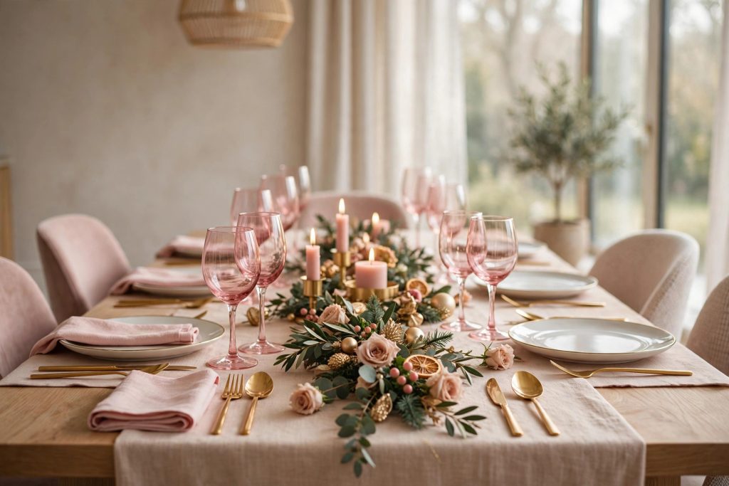 Pink Christmas decor ideas for the table — pink and gold tablescape with blush napkins and gold flatware
