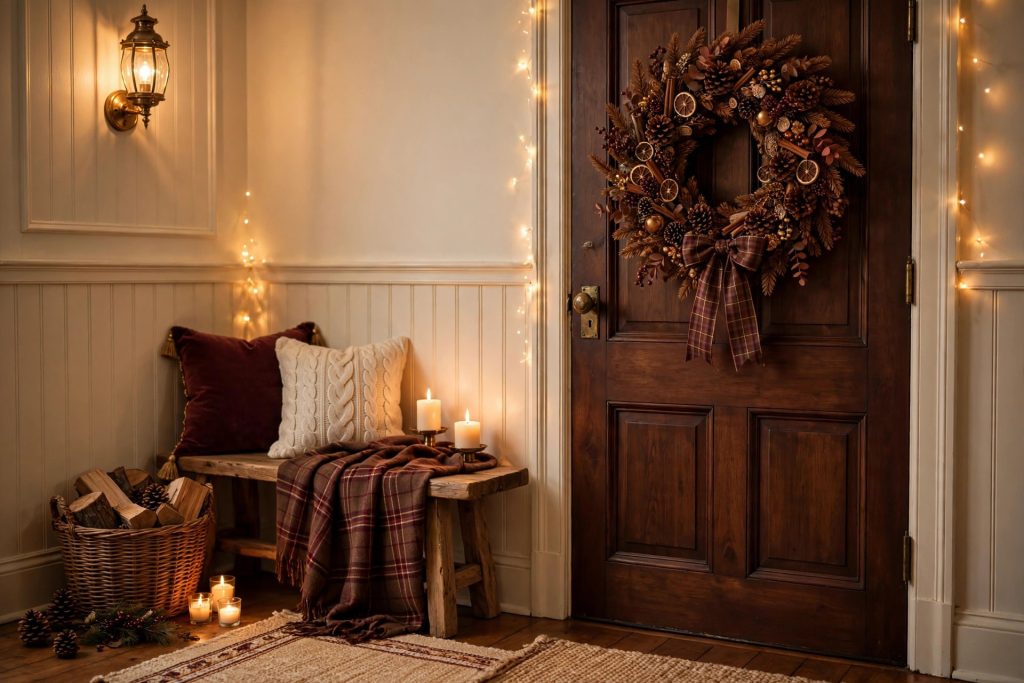 Cozy cocoa entryway with a brown wreath, plaid throw and mini trees in brass planters