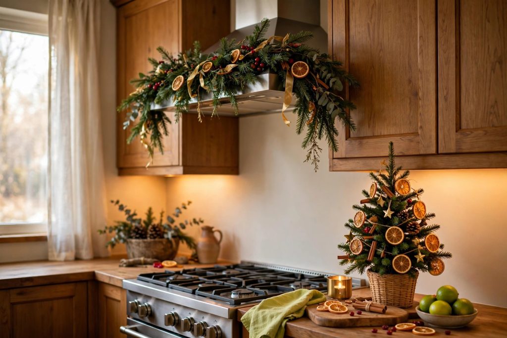 Citrus kitchen corner with evergreen garland over the range hood and orange-slice ornaments