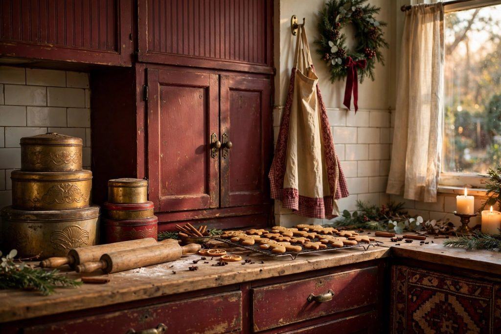 Vintage Christmas kitchen with cookie tins, gingerbread on a cooling rack and striped apron