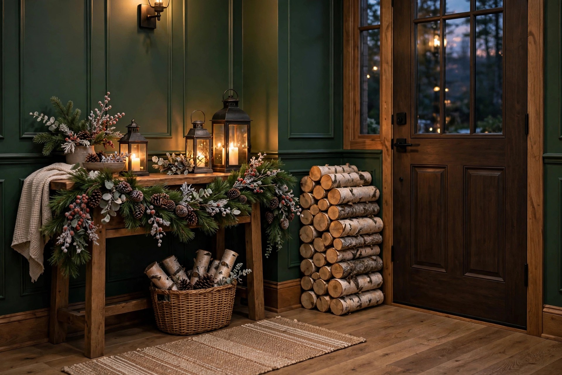 Entryway with birch logs, lanterns and pine garland by the front door