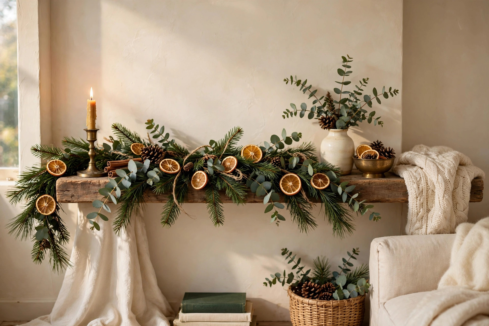 Natural pine and eucalyptus Christmas garland with dried orange slices on a mantel