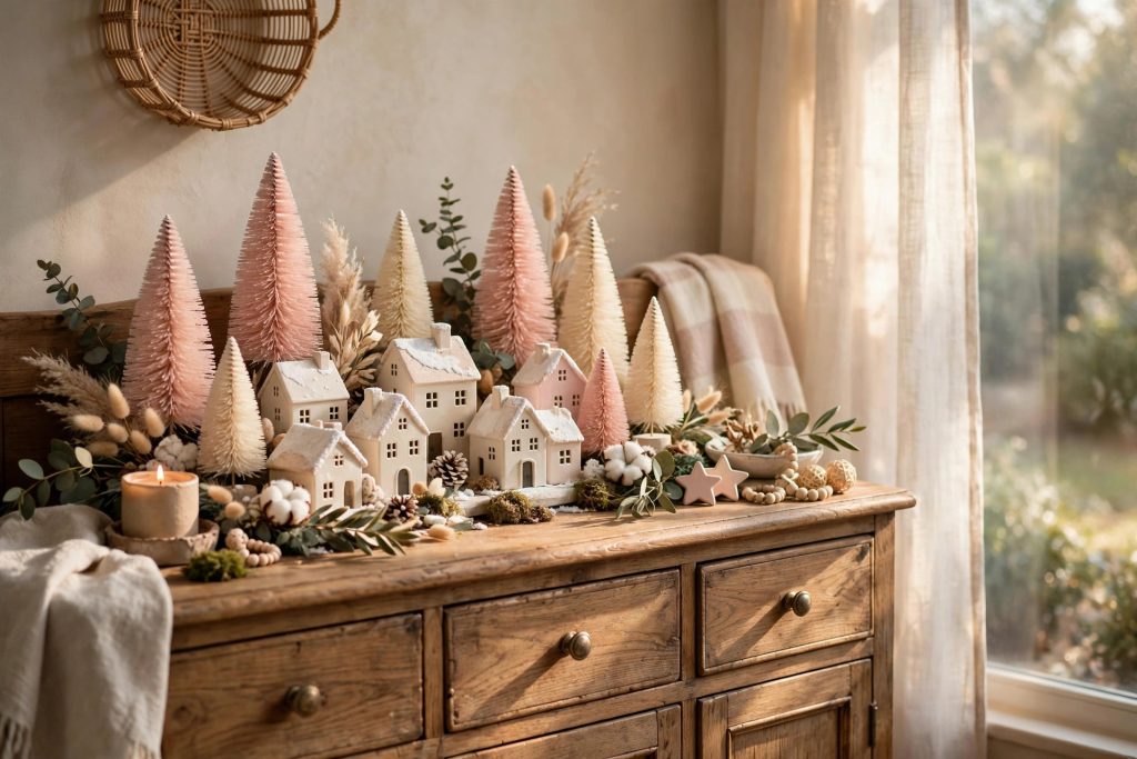 Pastel bottle-brush tree village in blush and cream on a sideboard