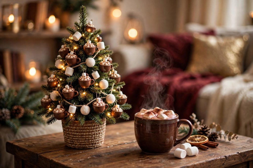 Tabletop tree dressed in cocoa-cup and marshmallow ornaments on a kitchen counter