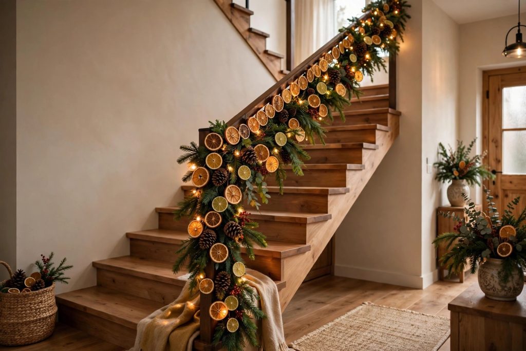 Dried citrus slice garland strung along a staircase banister with pinecones and fairy lights