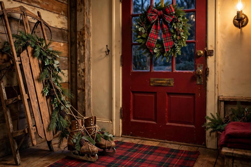 Entryway with vintage wooden sled, ice skates and fresh greenery by the front door