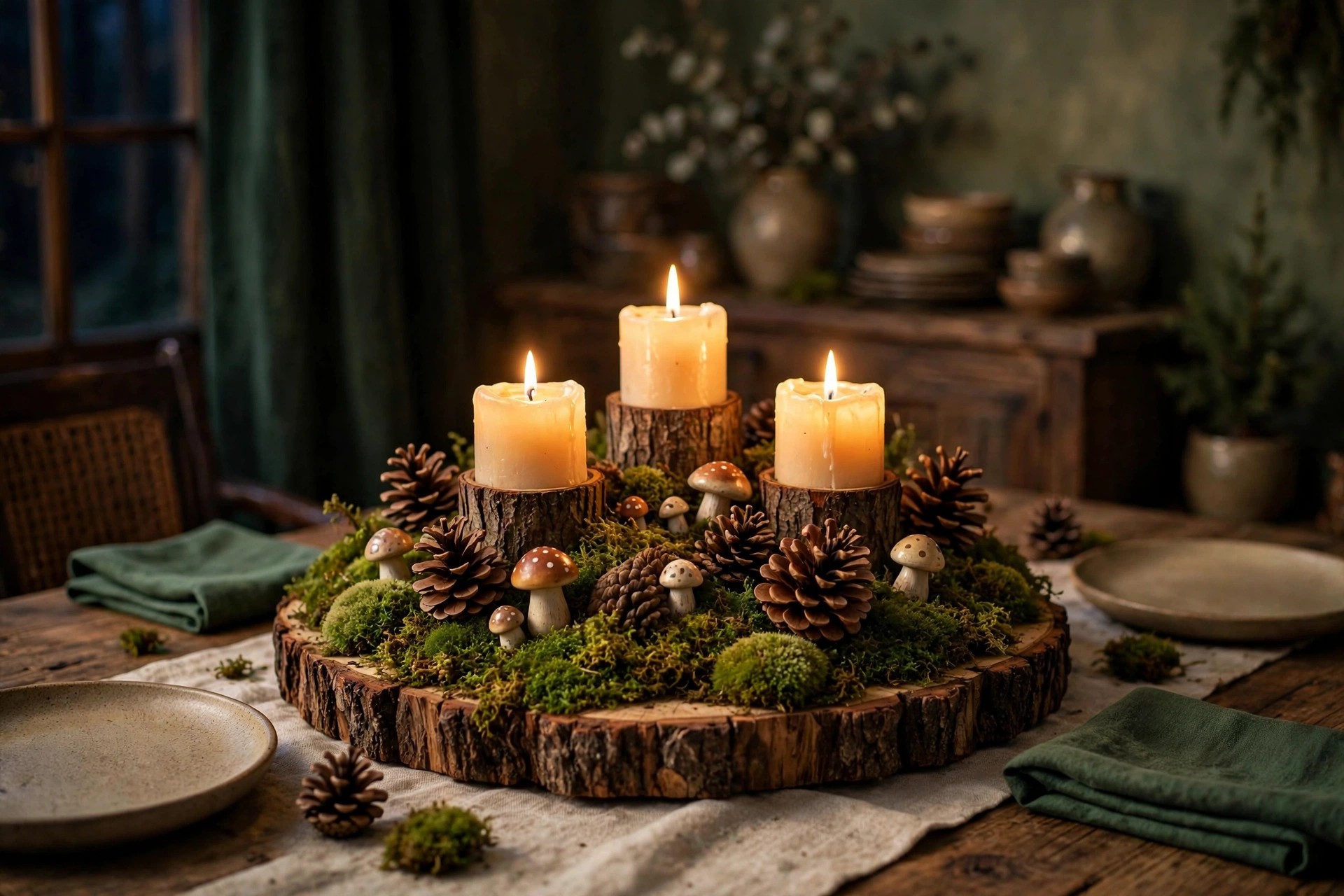 Forest floor centerpiece — moss, pinecones and pillar candles on a wood slice